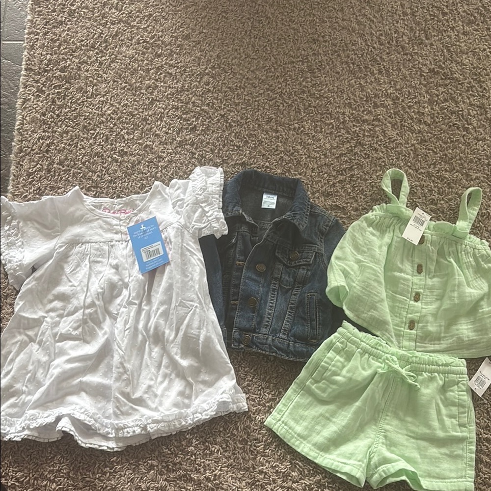 White Dress, Denim Jacket, and Green Set for Kids